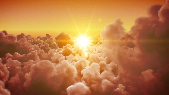 飞在美丽的无限的云与傍晚(早晨)太阳照耀明亮无缝循环3d动画日落(日出)在地平线上