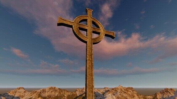 哥特式十字架与云和山脉的时间流逝