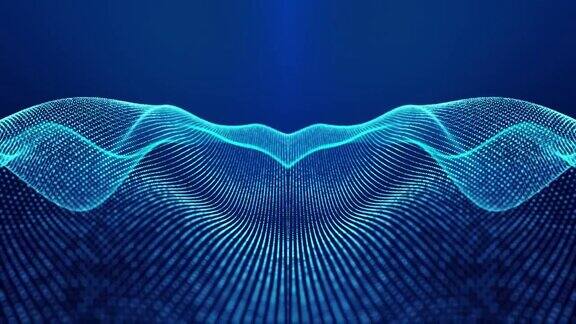 科幻抽象主题与粒子镜像波4k环形抽象蓝色辉光粒子背景形成曲线表面对称结构带粒子全息图的数字bg