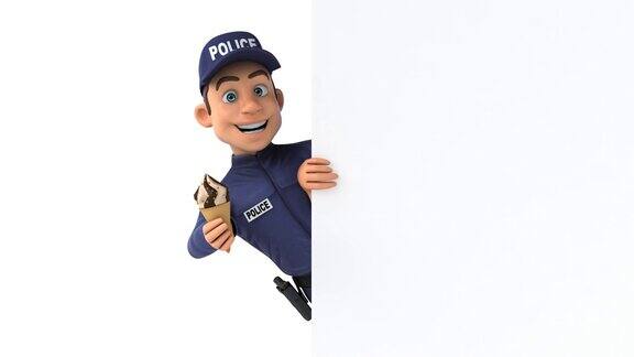 有趣的3D卡通警察拿着冰淇淋