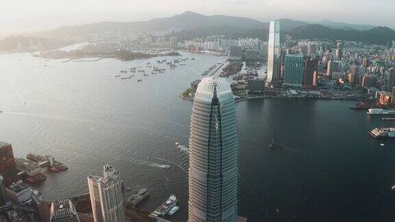 香港城市全景俯视图无人机拍摄的摩天大楼画面