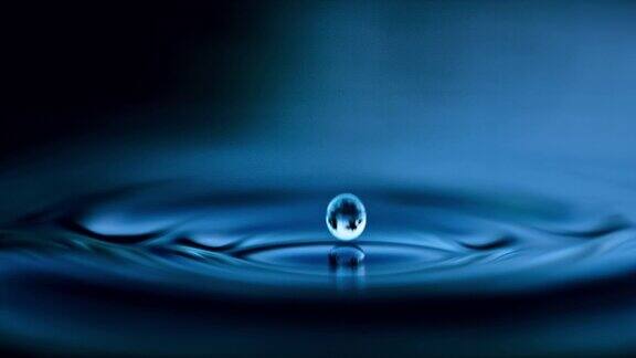 极近的水滴下落和飞溅在蓝色的水面