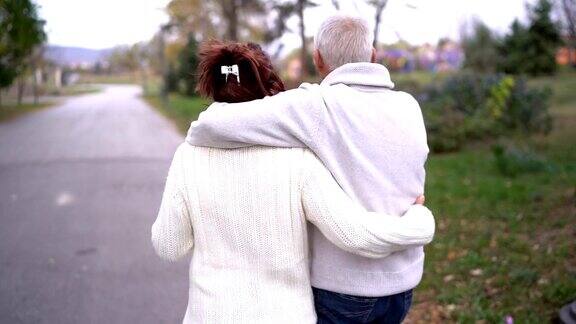 一对老年夫妇在秋季公园散步