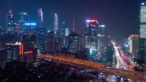 广州市市中心夜晚灯火通明交通繁忙街道道路交叉口航拍全景4k中国
