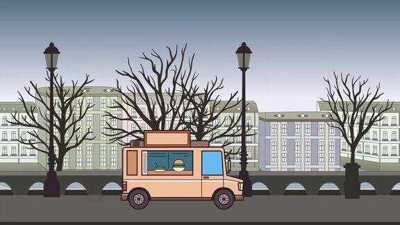 动画食品卡车通过秋天的城市在风景背景上移动的车辆平面动画
