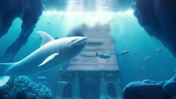 放松逼真的3D水下生活与神秘的鲸鱼珊瑚礁和古代遗迹海底场景3D视频背景