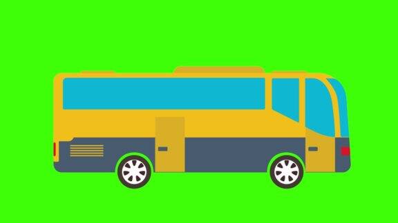 彩色的简单动画黄色巴士隔离在一个绿色屏幕4K
