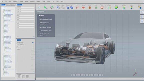 3D图形可视化显示电动汽车车架实时发展成完成的未来概念环保汽车概念