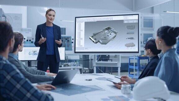 现代工业工厂会议:自信的女工程师使用交互式白板向一组工程师做报告经理谈话和展示3D机械部件在CAD软件