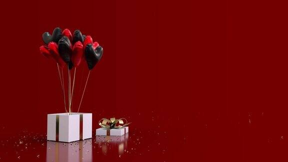 礼盒闪闪发光爆炸和心形气球飞出黑色红色