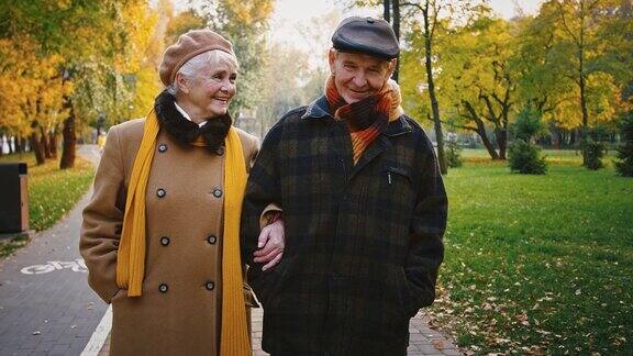 一对白发苍苍的老人穿着优雅的外套在秋天的公园里浪漫地散步谈笑风生