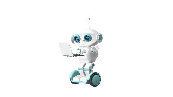 3D动画机器人与笔记本电脑在滑板车上与阿尔法通道