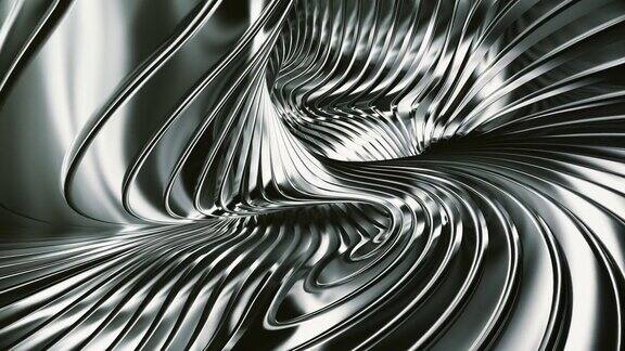 抽象黑色金属背景弯曲和旋转条纹创建虚幻和惊人的形状和表面无缝循环4k