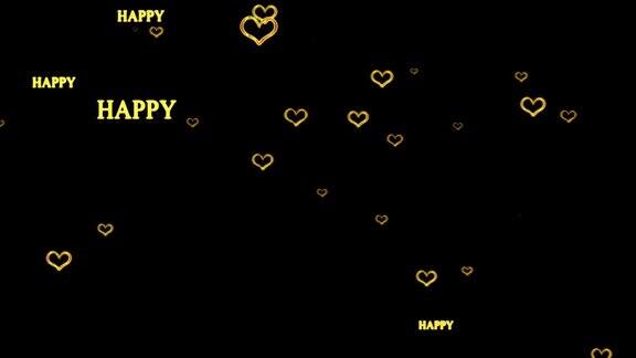 动画素材用金色的心和金色的字母(HAPPY)从底部蓬勃上升(黑色背景)