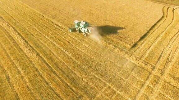 FHD全高清鸟瞰图低空飞过联合收割机在黄色的田野里收割小麦