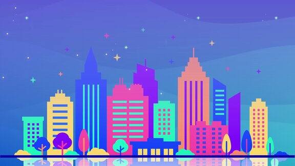 动画摩天大楼的城市视图在夜晚与星星闪烁在天空