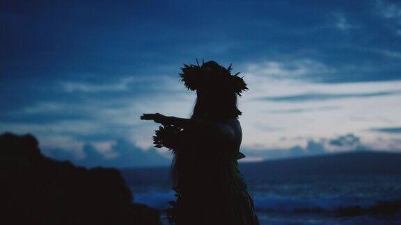 传统的夏威夷草裙舞舞者剪影