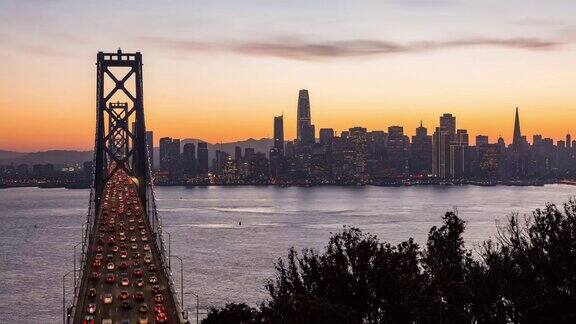 美丽的旧金山和海湾大桥日夜日落时光