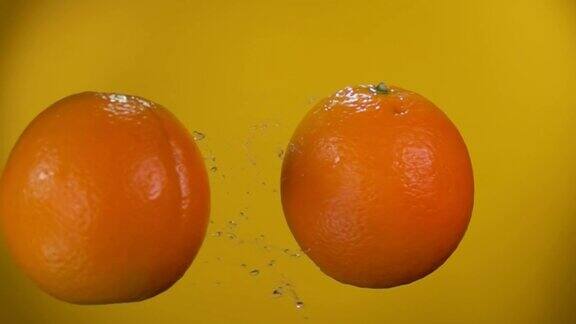 两个多汁的橘子在飞互相碰撞着上升的水滴