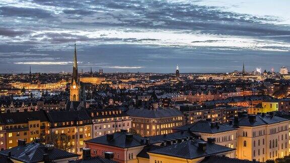 斯德哥尔摩城市在黄昏4K时间流逝城市瑞典首都