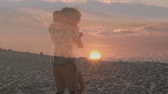 动画的浪漫的非裔美国夫妇拥抱在海滩上的日落