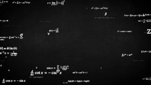 飞过数学公式方程式科学符号在黑板上-4K无缝循环运动背景动画