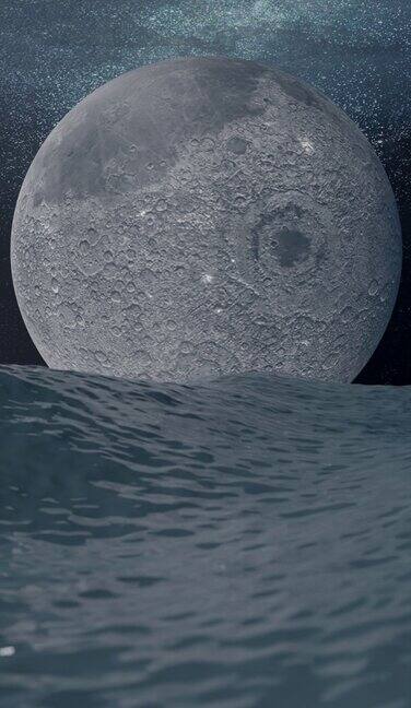 巨大的月亮在暴风雨的海洋无缝循环运动设计抽象垂直渲染