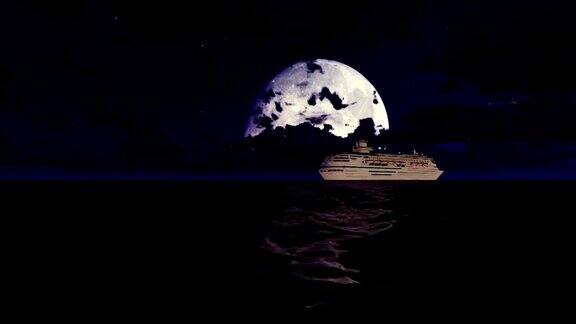 在美丽的月亮下航行的游船
