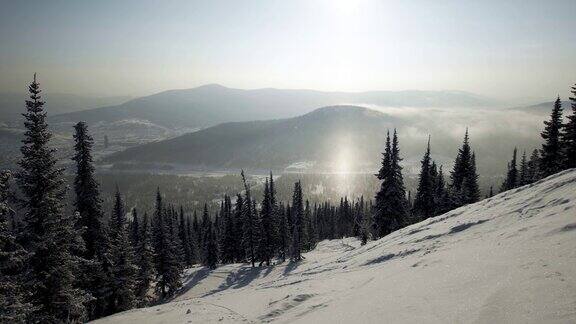 冬季山地景观上有雪景光晕效应在冬季森林的背景上