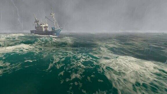 小渔船在暴风雨的海面上