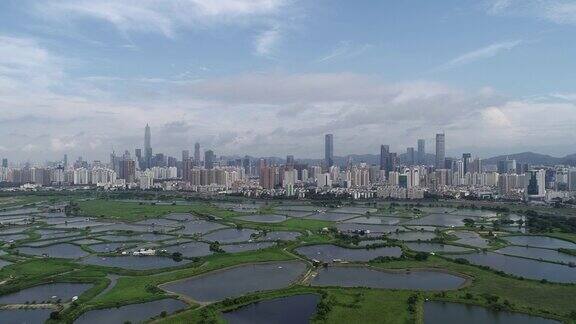 在香港和中国深圳之间的乡村绿地和鱼塘