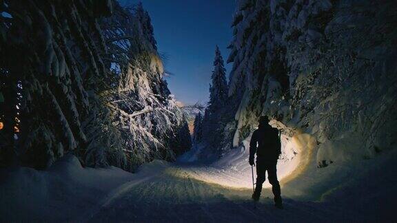 WS徒步旅行者在冬天的夜晚穿过森林时用的是头灯
