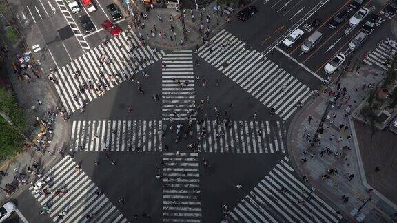 日本东京银座购物区十字路口人行横道上的行人和汽车鸟瞰图