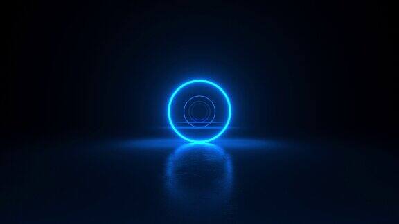 在黑厅房间里圈氖蓝光抽象的科幻几何背景走廊未来发光的混凝土地板房间反射前进3d动画循环4K