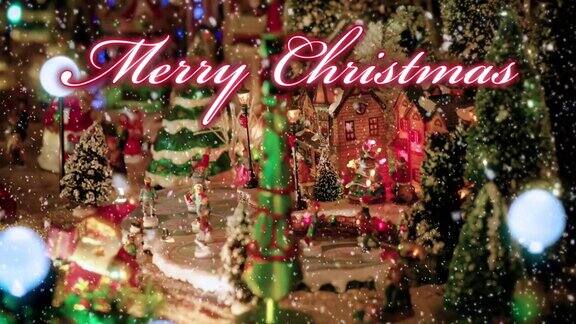 圣诞快乐的文字排版设计在红色与玩具圣诞村的场景和小雕像的溜冰者在雪的背景下-特写视图-圣诞活动