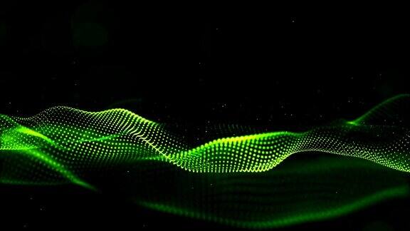 抽象绿色数字粒子波与尘埃和光运动背景