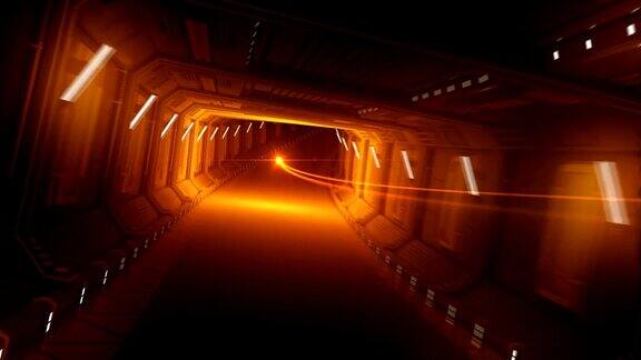 在抽象的宇宙飞船隧道中飞行的橙色辉光未来金属隧道美丽的循环3d动画运动未来技术