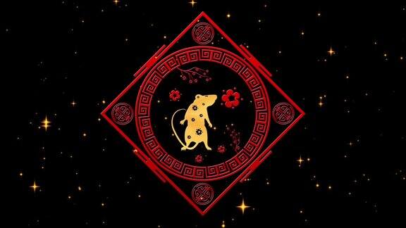 金色春节背景与红色金色和黑色老鼠烟花闪烁的星星3D渲染循环4k魔幻新年快乐动画