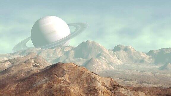 月球景观与土星在远处