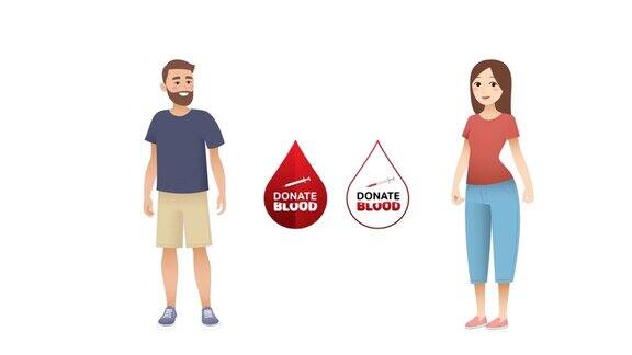 献血文字的动画血滴和男人和女人在白色背景上