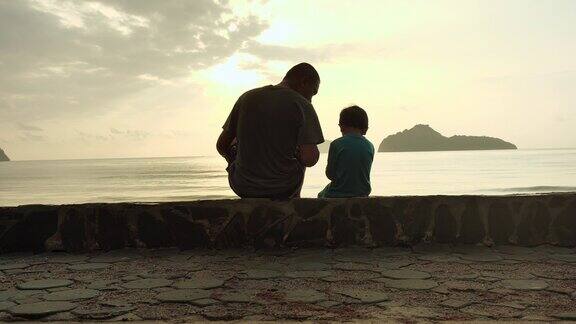 父亲和儿子在日落时分的海滩上