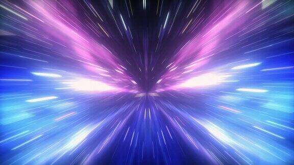 发光的彩色霓虹灯对称数字技术灯光粒子超空间在黑暗的隧道4K三维抽象可视化无缝循环飞行粒子在隧道抽象的超空间隧道穿越时空动画科幻小说