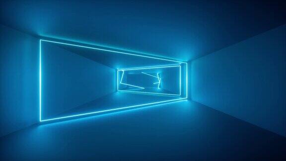 穿越无尽的走廊蓝色的霓虹灯发光的线条框架抽象的霓虹灯背景虚拟现实界面隧道内移动