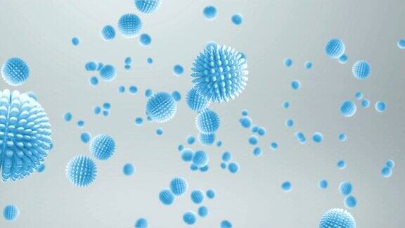 3D渲染蓝色的细菌病毒细胞流动在白灰梯度背景医疗人体保健