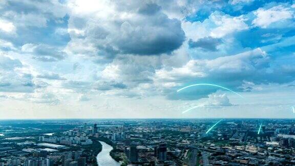 智慧城市与通信网络概念夜晚的城市时光随着电信的未来元素而流逝高技术在电信领域