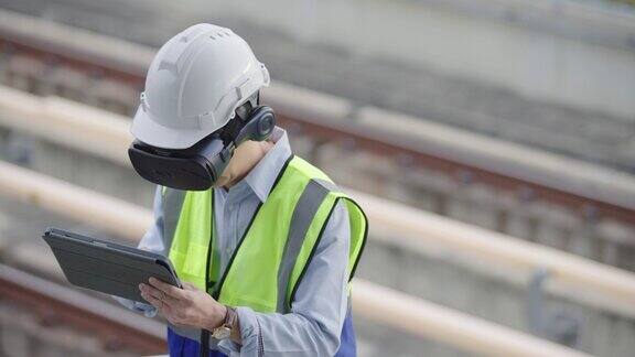 工程师在工地通过虚拟现实眼镜检查计划