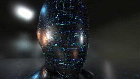 发光突触一个视觉生成的人工智能类人集成一个类人机器人的神秘肖像发光和脉动电路照亮了它的合成思维