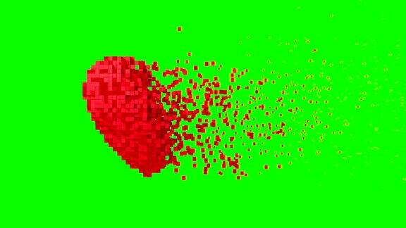 4k红色数字心脏在绿色屏幕上的解体