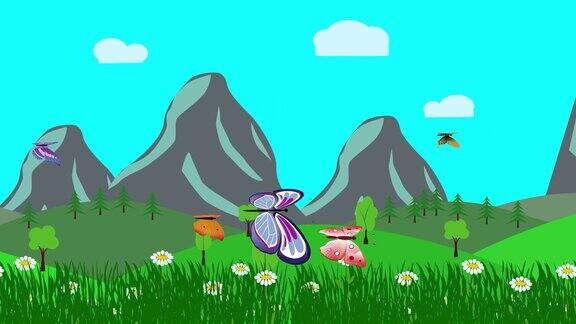 卡通景观春天的季节动画与鲜花和蝴蝶