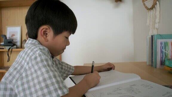 男孩用笔记本电脑做作业学习